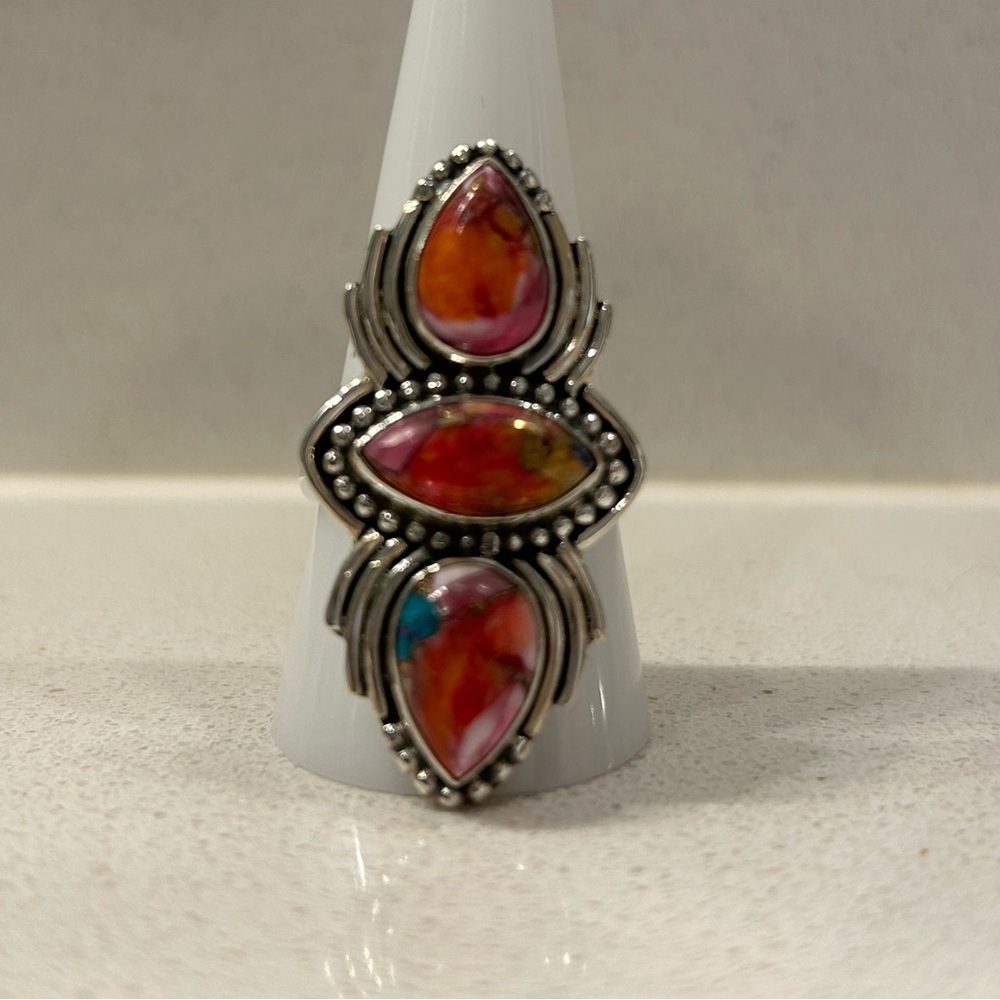 3 Pink Dahlia Turquoises Natural Stones Stacked on.925 Sterling Silver.